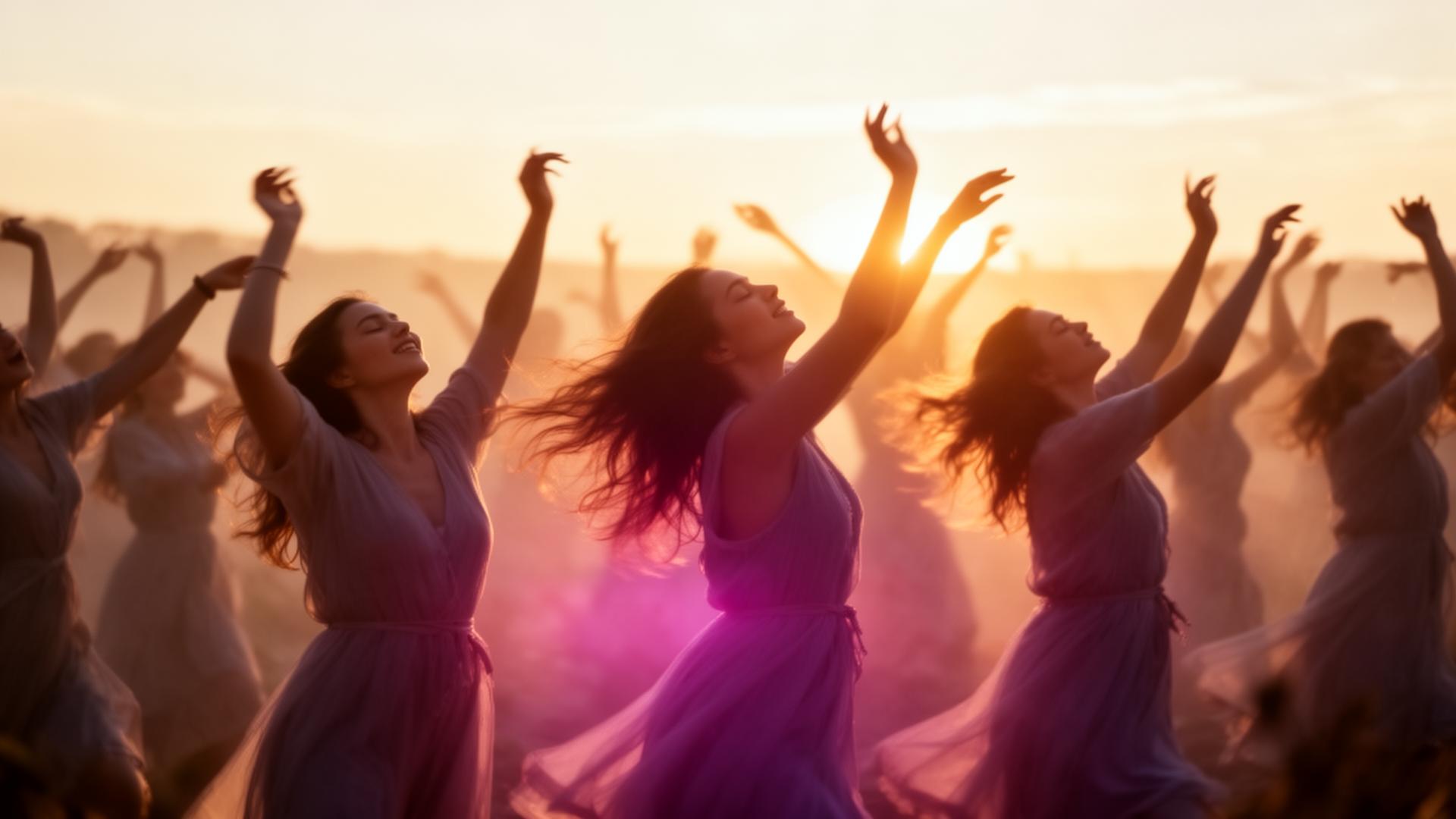 Dancers moving freely in golden light